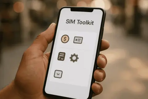 Dłoń trzyma smartfon z aplikacją SIM Toolkit. Ikony symbolizują finanse, wiadomości, ustawienia i inne funkcje.