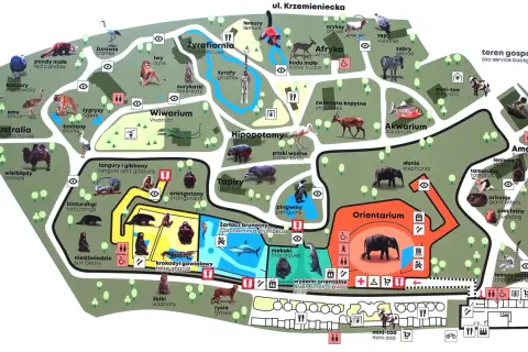 Mapa zoo z zaznaczonym Orientarium, gdzie można zobaczyć słonie. Obok znajdują się wybiegi dla lemurów, makaków i wyderek.