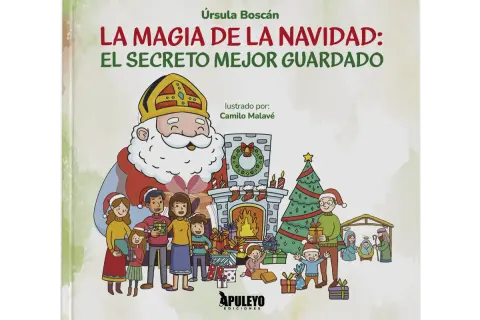 Ilustración de libro infantil sobre las leyendas de navidad, con San Nicolás, una familia, un árbol y un belén.