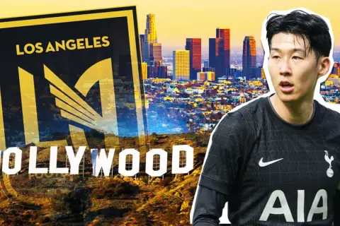 Son Heung-min w Los Angeles, gdzie gra Son. W tle widać panoramę miasta i napis Hollywood.