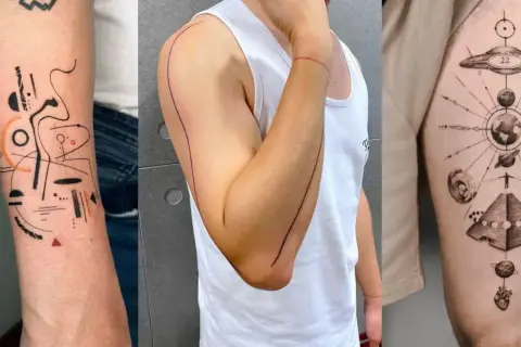 Abstrakte Linienkunst, minimalistische Armlinien und ein kosmisches Diagramm – Beispiele für fineline tattoo männer, die Stil und Tiefe zeigen.