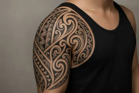 Ein detailreiches Maori-Tattoo bedeckt die Schulter und den Oberarm einer Person. Die komplexen Muster erzählen eine Geschichte von Tradition und Stärke.