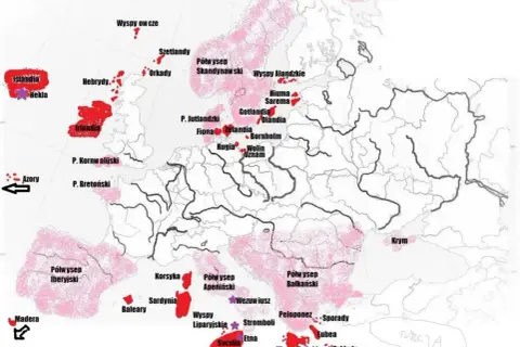 Mapa Europy z zaznaczonymi na czerwono i różowo obszarami wulkanicznymi i nazwami miejsc.