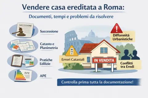 Vendere casa ereditata a Roma: successione, catasto, pratiche edilizie, APE, errori catastali, differenze urbanistiche, conflitti tra eredi. Costo accettazione eredità vendita immobile.