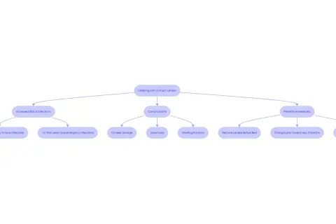 Mind map detailing risks of sleeping with contact lenses, including infections, corneal damage, and vision loss, alongside preventive measures.