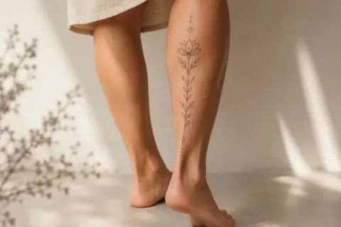 Ein zartes Tattoo mit Lotusblume, Mond und Sternen ziert den Wade eines Mannes.