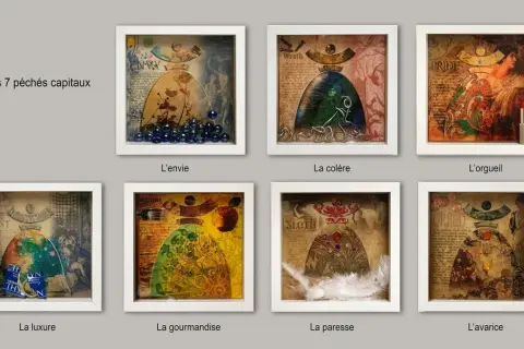 Sept boîtes encadrées illustrent les 7 péchés capitaux : envie, colère, orgueil, luxure, gourmandise, paresse, avarice. Chaque symbole est représenté de manière créative.