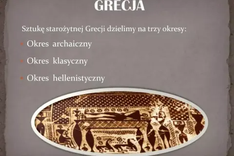 Grafika przedstawia podział sztuki starożytnej Grecji na okresy: archaiczny, klasyczny i hellenistyczny. Widoczny fragment zdobienia nawiązuje do cech rzeźby antycznej.