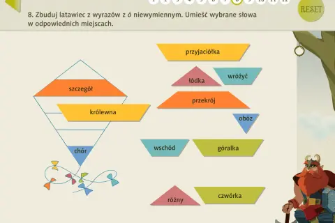 Zbuduj latawiec z wyrazów z ó: "szczegół", "królewna", "chór", "przyjaciółka", "łódka", "wróżyć", "przekrój", "obóz", "wschód", "góralka", "różny", "czwórka".