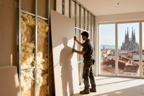 Obrero colocando pladur en una obra interior, con la Sagrada Familia de fondo.