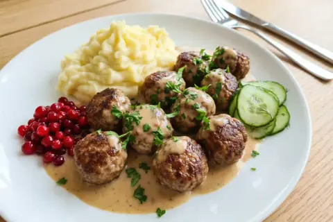 En tallrik med typisk svensk mat: köttbullar i gräddsås, potatismos, rårörda lingon och gurka.