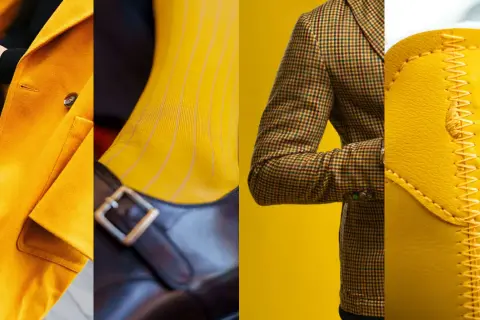 Dettagli di abbigliamento in color senape: cappotto, calzino a righe, giacca a quadri e accessorio in pelle. I color senape abbinamenti abbigliamento sono audaci e chic.