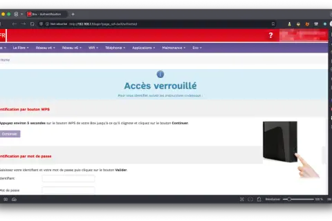 Accès verrouillé. Pour identifier votre Box, appuyez sur le bouton WPS jusqu'à ce qu'il clignote. Une image montre un doigt appuyant sur le bouton WPS.