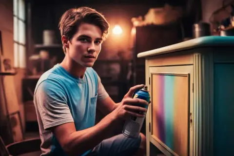 Giovane artista che sta verniciando con bomboletta spray su legno un mobile, creando un effetto arcobaleno.