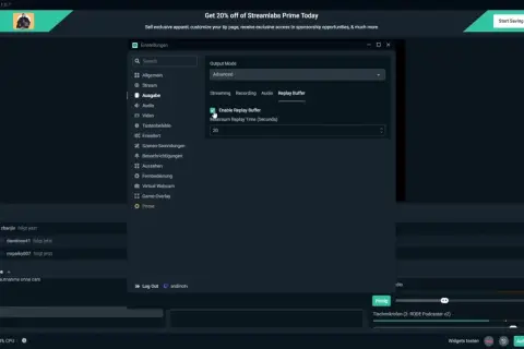 Streamlabs OBS: Replay Buffer aktivieren, um einfach obs clips erstellen zu können. Maximale Wiedergabezeit 20 Sekunden.