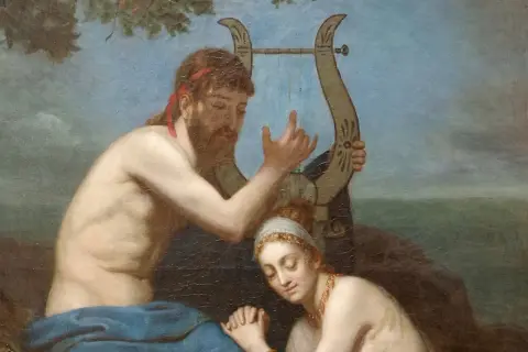 Orphée joue de la lyre pour sa femme, Eurydice, dont le regard est empreint de tristesse.