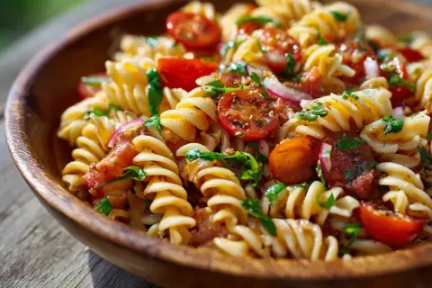 En härlig italiensk pastasallad med fusilli, körsbärstomater, rödlök och färska örter i en träskål. Perfekt för en sommarlunch!