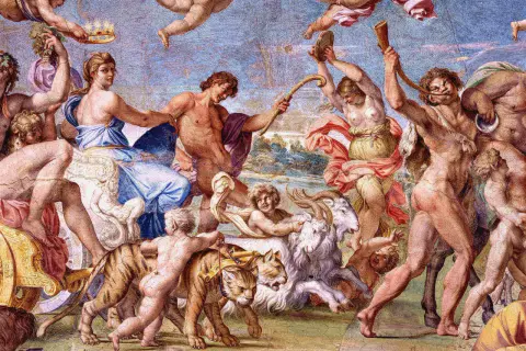 Barwny fresk przedstawia scenę z mitologii greckiej: triumfalny pochód z tygrysem, kozłem i postaciami boskimi.