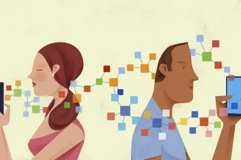 Zwei Personen, die auf ihre Handys schauen, sind durch bunte Quadrate verbunden, die die Vernetzung in den sozialen Medien symbolisieren.
