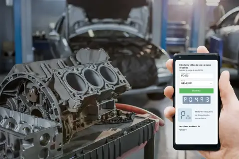 Mecánico usa app para diagnosticar código P0493 en un Peugeot.