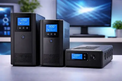 Tres unidades de SAI (Sistema de Alimentación Ininterrumpida) en negro, con pantallas digitales azules, listas para proteger equipos electrónicos.
