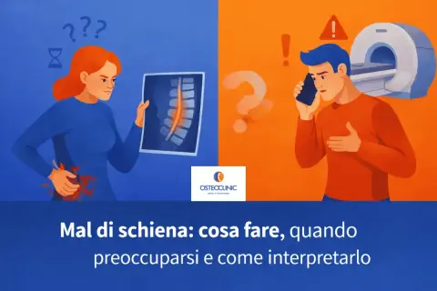 Donna con mal di schiena guarda una radiografia. Uomo al telefono vicino a una risonanza magnetica. Cosa fare per il mal di schiena.