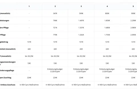 Tabelle zeigt, was sind Pflegesachleistungen für verschiedene Pflegegrade. Monatliche Beträge für Pflegegeld, teilstationäre und stationäre Pflege steigen mit dem Pflegegrad.
