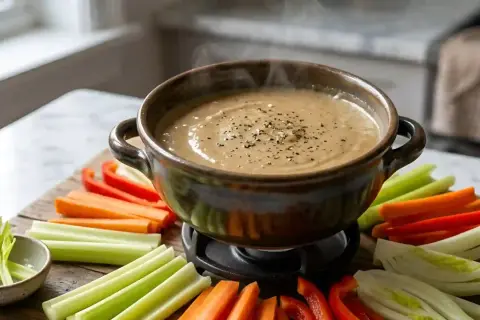 Un bol fumant de bagna cauda, garni de poivre noir, entouré de bâtonnets de légumes croquants : carottes, céleri et poivrons rouges.