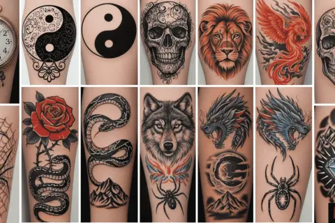 Kolekcja tatuaży: zegar, yin-yang, czaszka, lew, feniks, pająk, róża, wąż, wilk, smok, góry i diament. Każdy symbolizuje siłę i zwycięstwo.