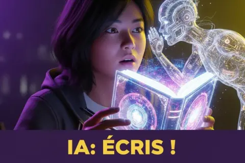 Une jeune femme découvre un livre lumineux, guidée par une IA. Ce logiciel d'écriture de livre transforme l'imagination en réalité.