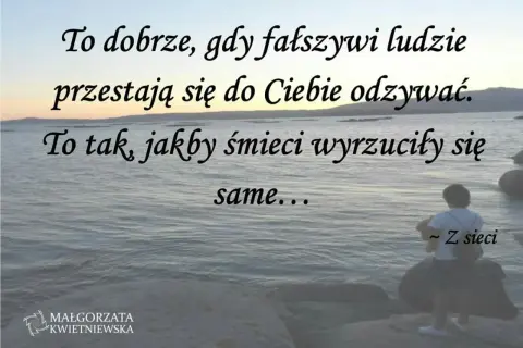 Cytaty o ludziach fałszywych: dobrze, gdy przestają się odzywać, jakby śmieci same się wyrzuciły. Widok na morze i sylwetka osoby.