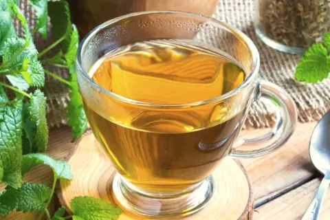 Aromatic melisa w szklance, idealna do parzenia. Zioła i łyżeczka obok.
