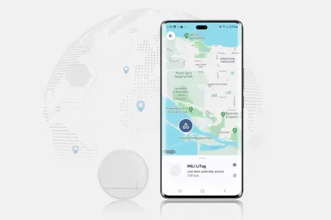 Wyszukiwanie telefonu z lokalizatorem MiLi LiTag. Mapa pokazuje lokalizację w okolicach Vancouver.