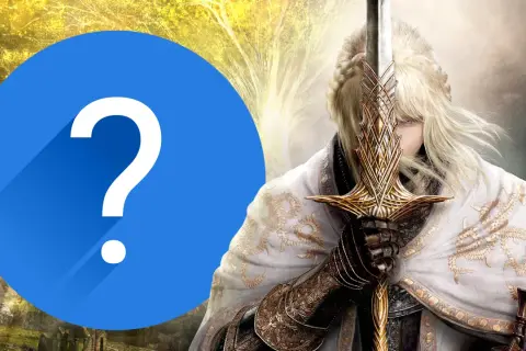 Fragezeichen vor einer Elden Ring Bewertung. Eine Figur mit Schwert und weißem Umhang.