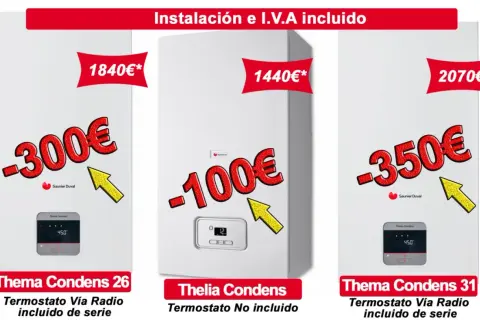 Variedad de tipos de calderas Saunier Duval con descuentos. Modelos Thema Condens 26 y 31 con termostato incluido, y Thelia Condens sin termostato.