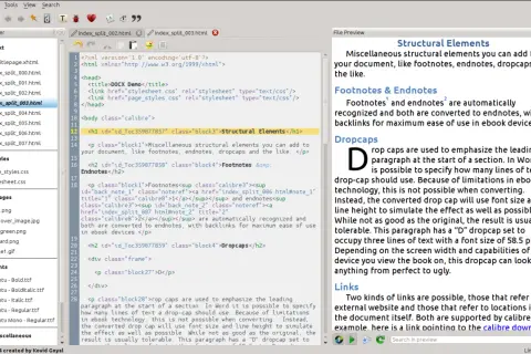 Interface de Calibre pour éditer un EPUB, montrant le code HTML et un aperçu du texte avec des éléments structurels comme les notes de bas de page et les dropcaps.
