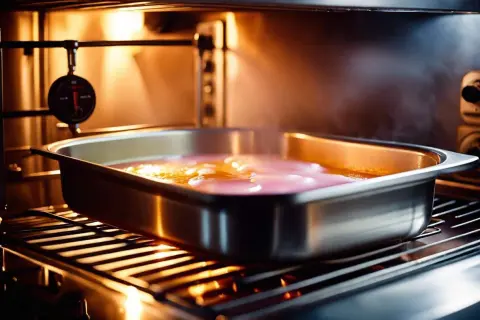 Un plat métallique rempli d'eau et de préparation rose est placé dans un four chaud, prêt pour comment faire un bain marie. Un thermomètre est suspendu à proximité.