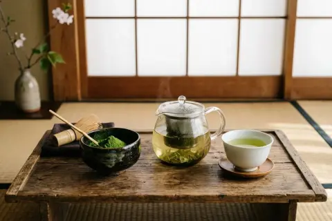 Préparation d'un thé vert japonais. Poudre de matcha, fouet, théière en verre fumante et tasse invitent à découvrir quel est le meilleur thé vert.
