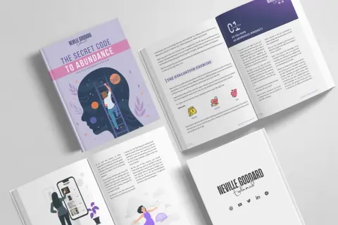 Un livre InDesign sur le code secret de l'abondance de Neville Goddard. Une femme grimpe une échelle vers la tête d'une silhouette.