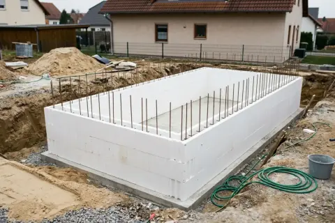 Baufortschritt: Ein rechteckiger Pool wird aufgestellt, die Wände aus weißen Styroporsteinen sind bereits fertig. Bewehrungsstäbe ragen aus dem Betonboden.