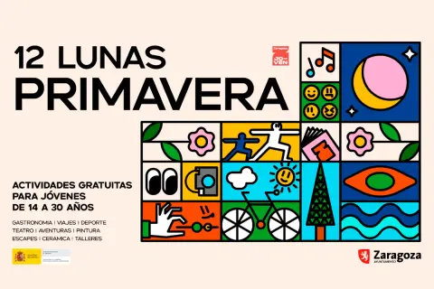 Cartel "12 Lunas Primavera" en Zaragoza. Actividades gratuitas para jóvenes de 14 a 30 años. Ilustraciones de luna, sol, bicicleta, flores y más.