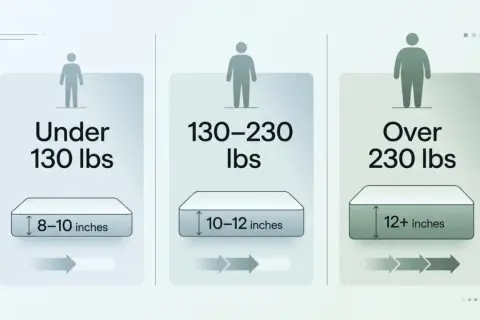 Mattress thickness guide: 8-10 inches for under 130 lbs, 10-12 inches for 130-230 lbs, and 12+ inches for over 230 lbs.