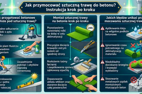 Instrukcja montażu sztucznej trawy na betonie: przygotowanie podłoża, aklimatyzacja, docinanie, klejenie i unikanie błędów.
