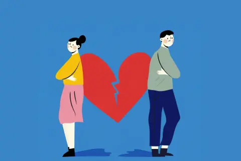 Coppia separata da un cuore spezzato, ognuno pensa a una persona, con espressioni tristi.