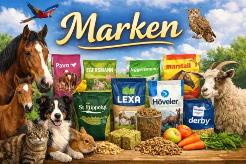 Vielfalt an pferdefutter marken wie Pavo, Eggersmann, Marstall, Höveler, St. Hippolyt, Lexa und Derby. Tiere wie Pferde, Ziegen, Hunde, Katzen und Kaninchen sind abgebildet.