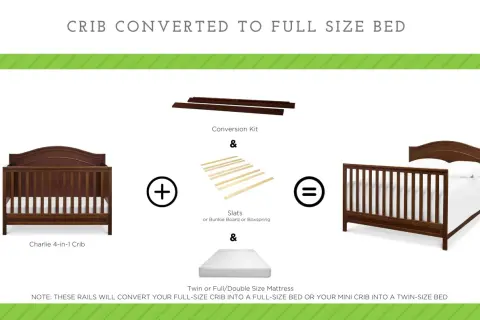 See how cribs convert to twin or full beds with a conversion kit and mattress.