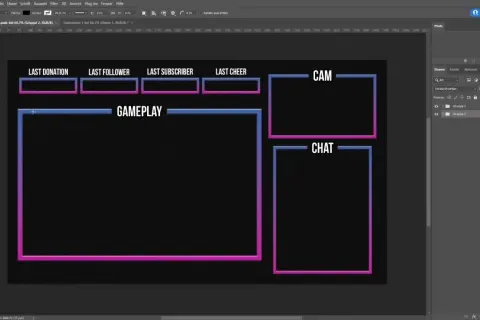 Ein Stream-Overlay-Design in Photoshop, bereit, um mit bunten Rahmen für Gameplay, Cam und Chat erstellt zu werden.