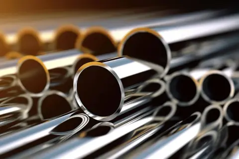 Stal nieuspokojona, lśniące rury ułożone w stos. Ich gładkie, metaliczne powierzchnie odbijają światło, tworząc hipnotyzujący efekt.