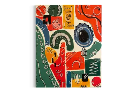 Vibrant symbolist art with abstract shapes, text like "GROWTH," and a central eye-like form.