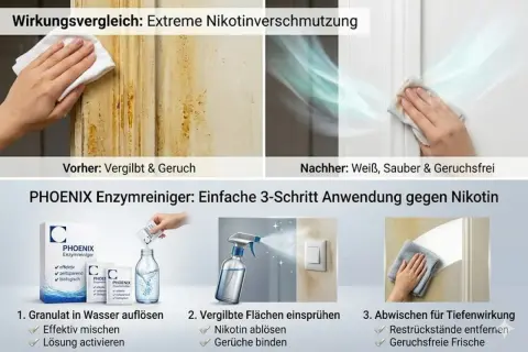 Vorher: Vergilbte Wände mit Nikotin. Nachher: strahlend weiß und geruchsfrei dank PHOENIX Enzymreiniger. So einfach wird Nikotin-Schmutz beseitigt.